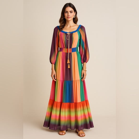 Jealous Tomato Dresses & Skirts - Jealous Tomato Rainbow Boho Maxi Dress with Smocked Waist | Size L AA45